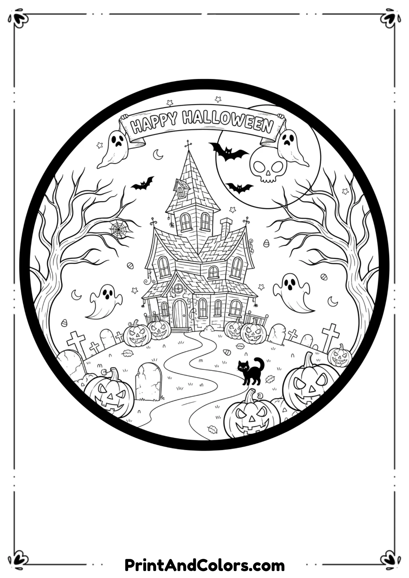 Haunted forest scene with creepy scarecrow, full moon, and twisted trees in black-and-white line art.
