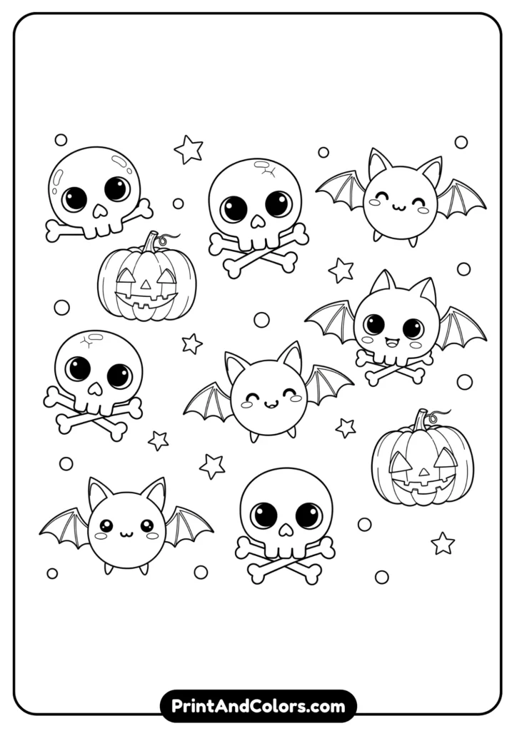 Black and white kawaii spooky characters like cute skulls, bats, and pumpkins with smiling faces, outlined simply for kids to color.