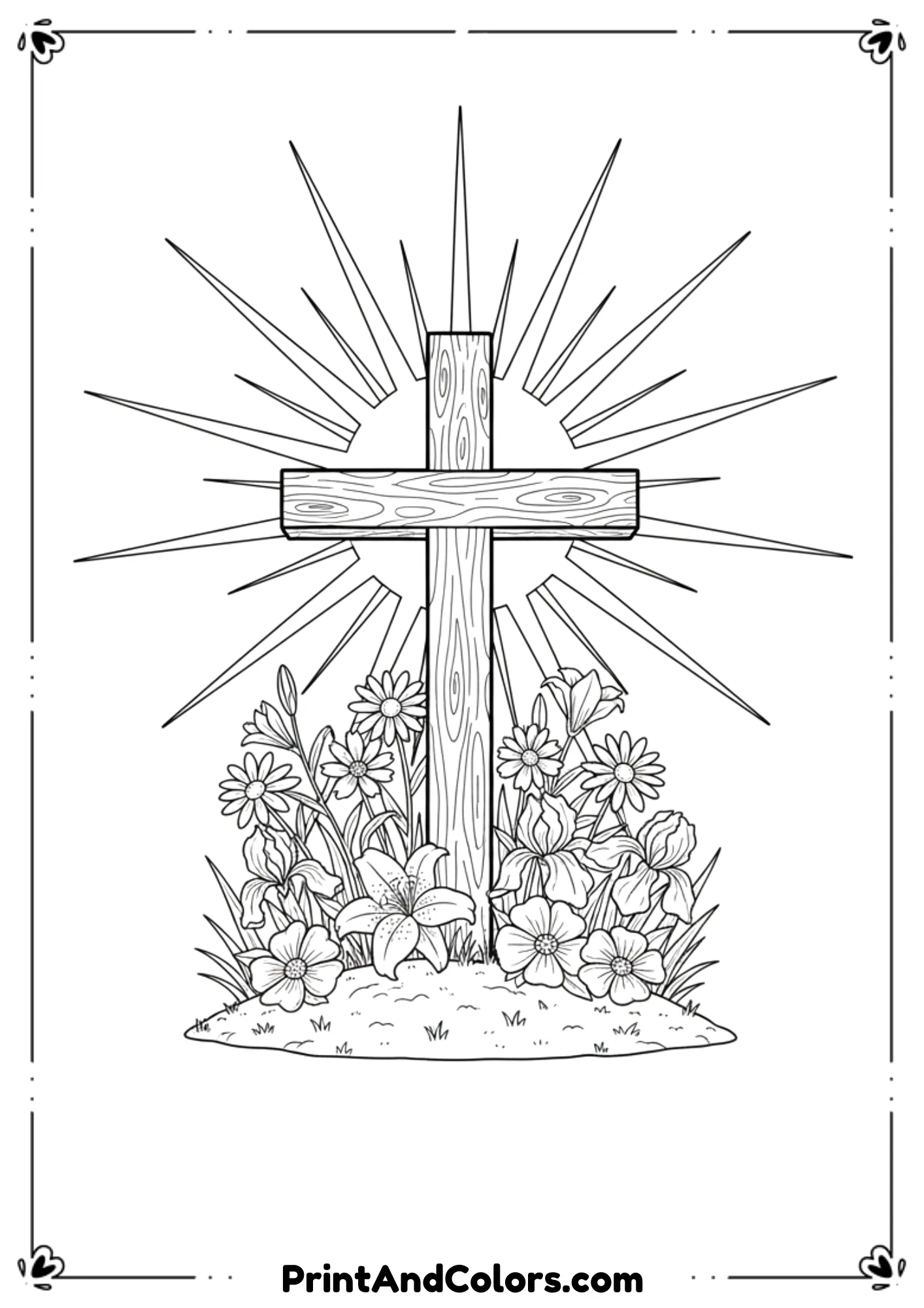 Line art of a cross with flowers at the base and the sun shining behind it.
