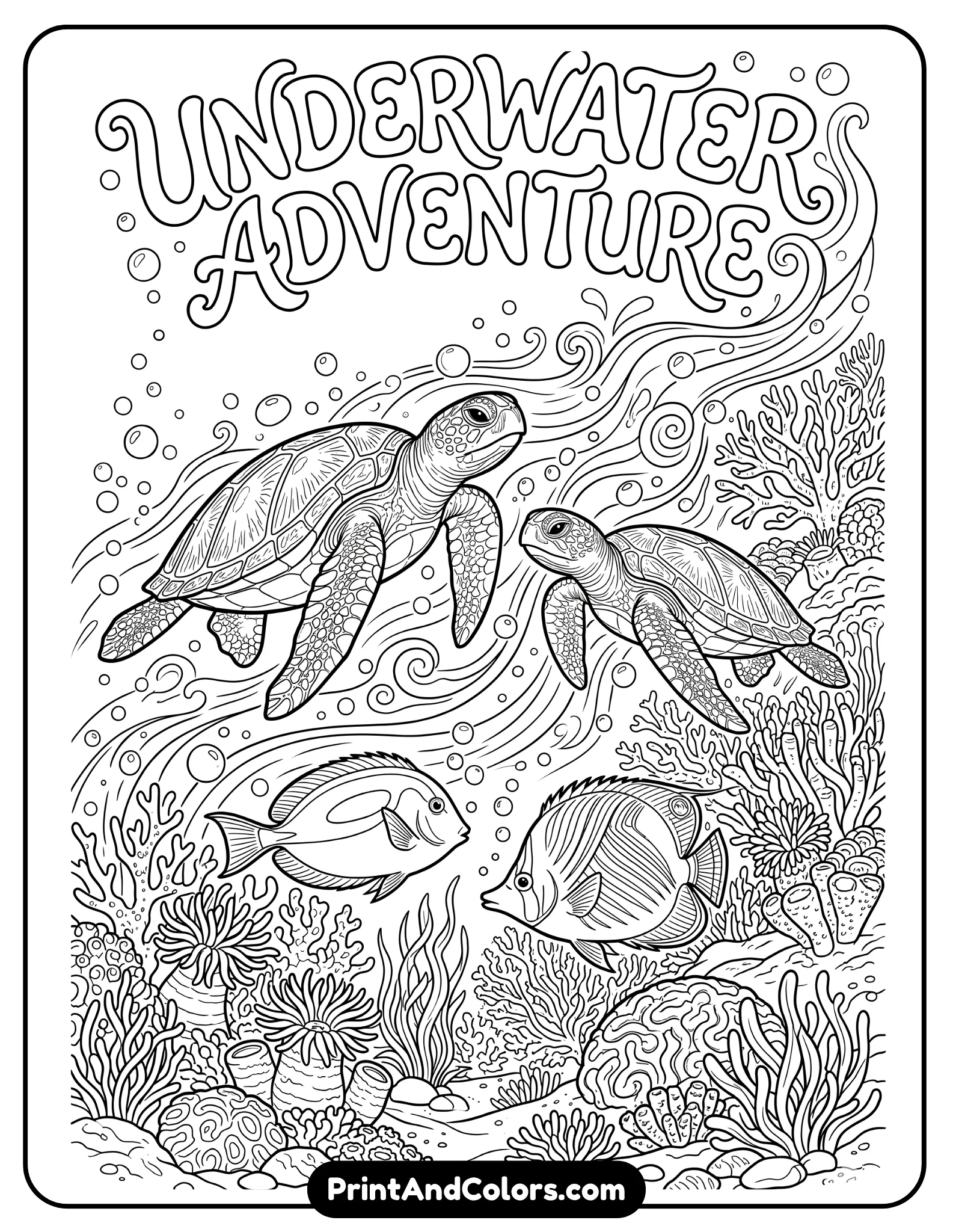 black and white underwater scene showing two sea turtles swimming alongside two fish, surrounded by bubbles, ocean currents, and coral reefs. Balanced composition, clean outlines
