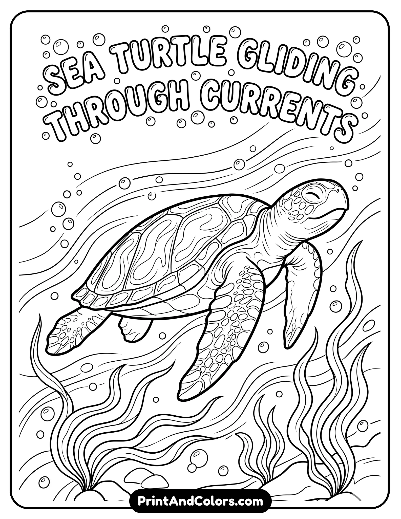 Line art of a large sea turtle gliding through ocean currents with relaxed expression, surrounded by bubbles and seaweed. Smooth flowing lines, simple background, bold outlines