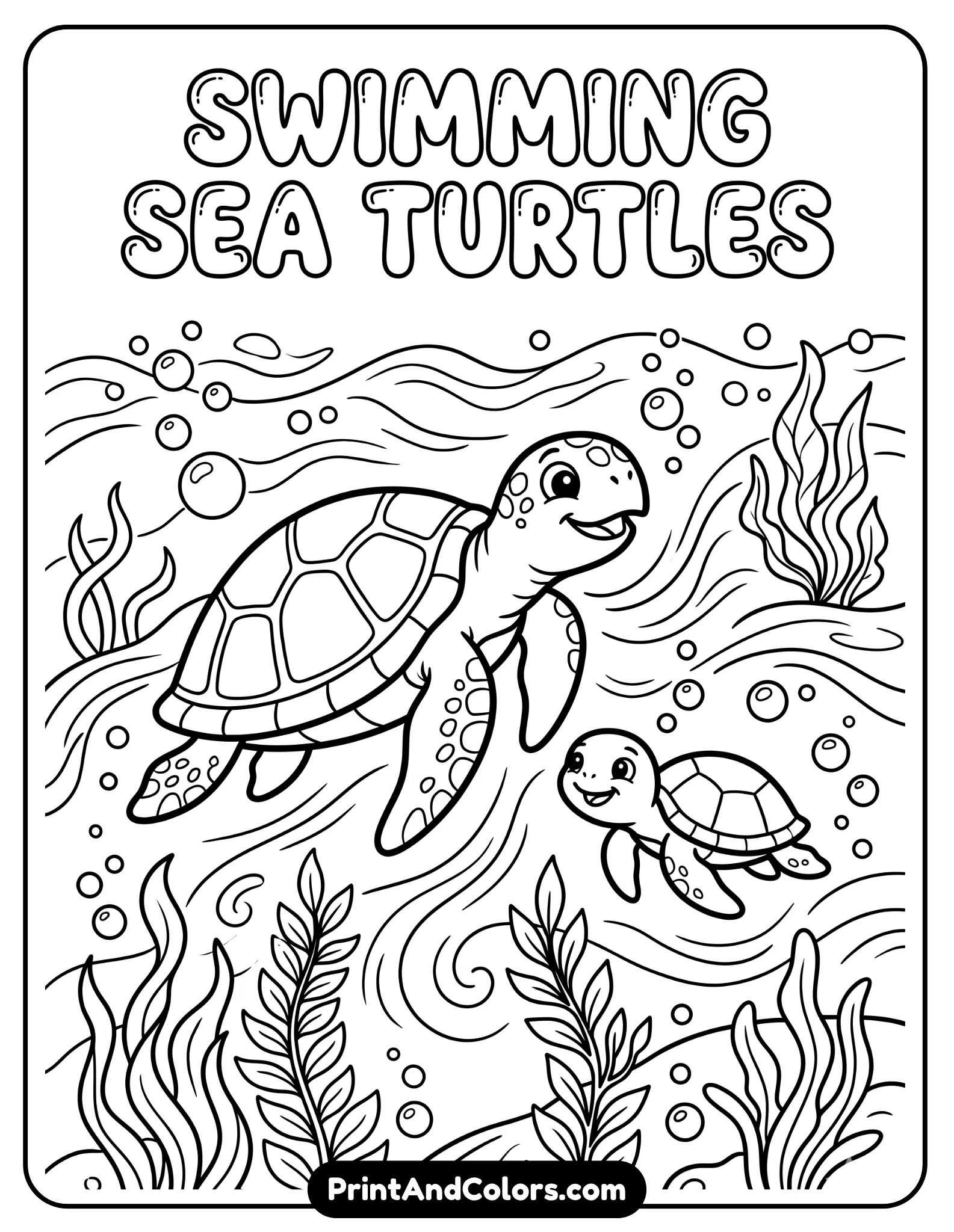 Clean line art of two sea turtles (one large, one small) swimming happily through ocean currents with bubbles and seaweed around them. Friendly expressions, simple wave patterns, kid-friendly style, thick outlines, no shading