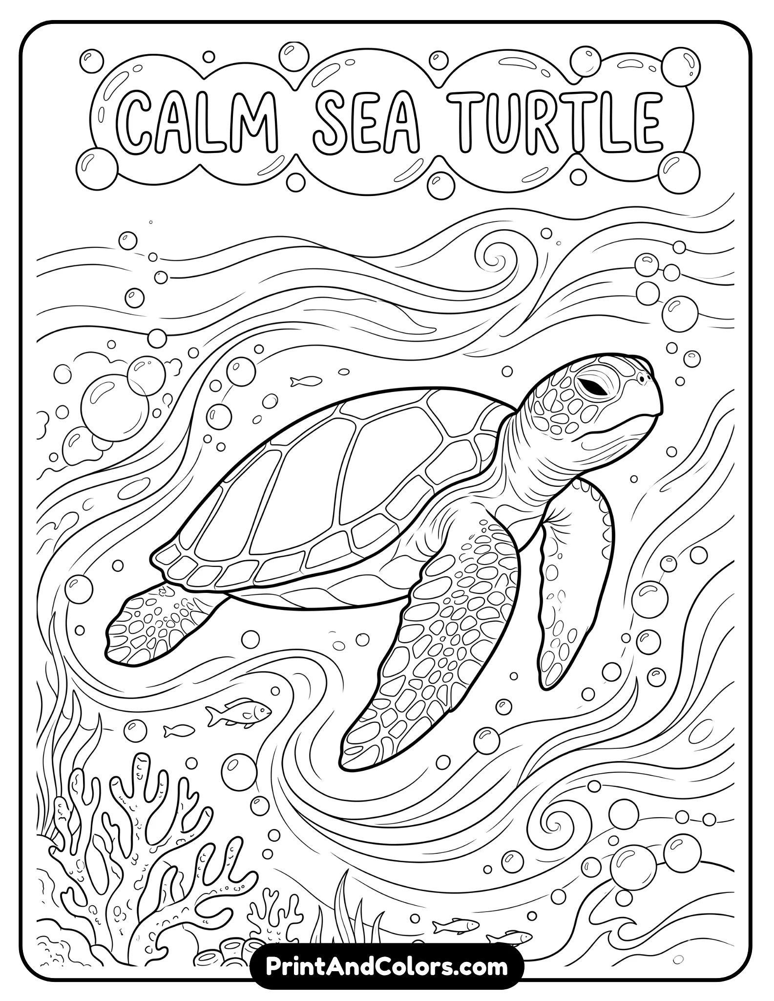 Black and white illustration of a sea turtle floating calmly in water with relaxed expression, surrounded by gentle currents, bubbles, and minimal coral. Smooth flowing lines