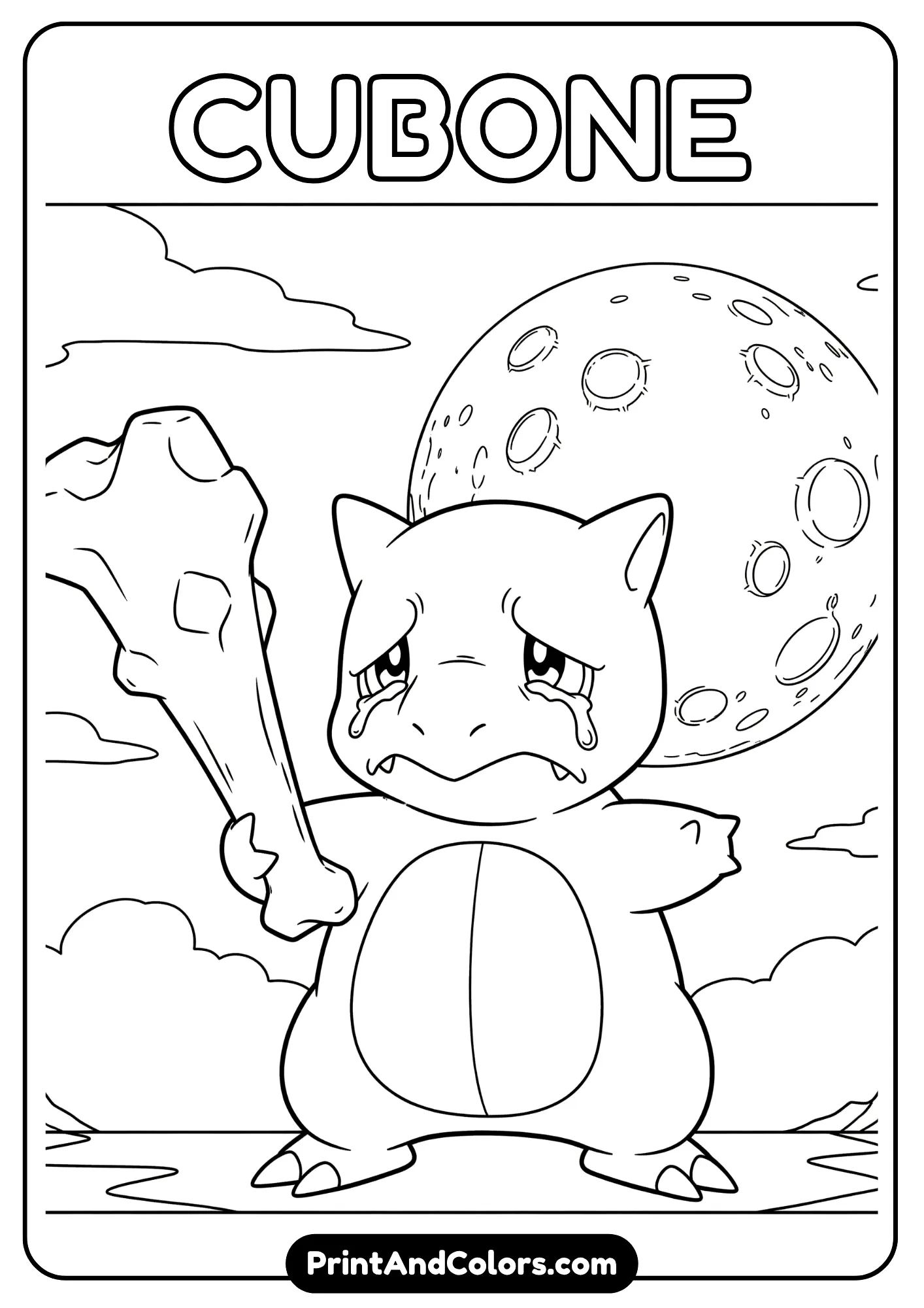 Cubone standing under the moon – touching Pokemon coloring page.