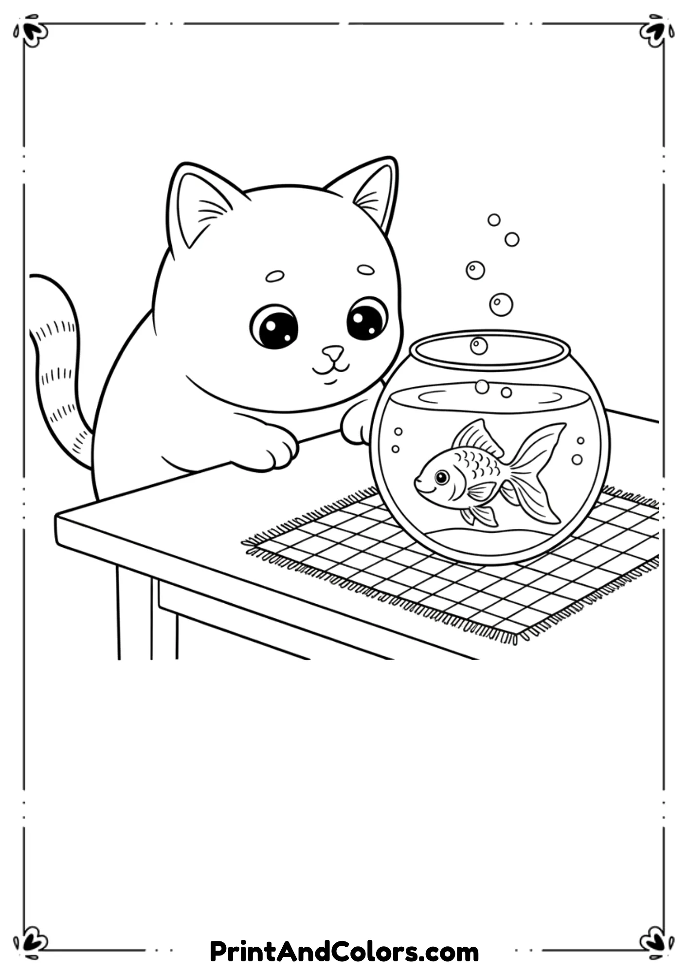 Cute cat leaning over, staring into a round fishbowl with a goldfish inside. Add table surface and simple bubbles. Wholesome line art.