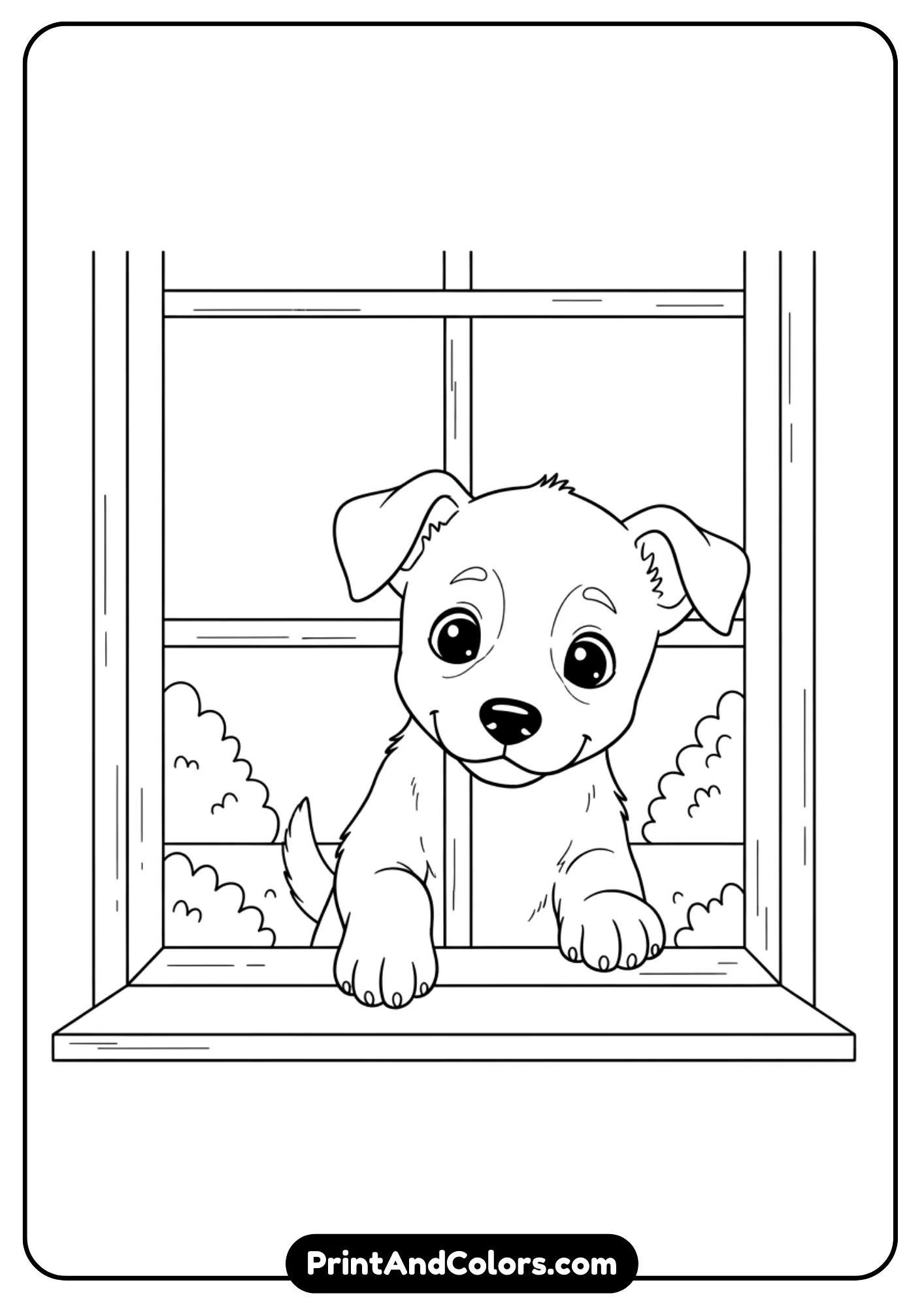 Line art of a puppy standing on hind legs, peeking out of a window with curious eyes. Black and white outlines only, designed for coloring