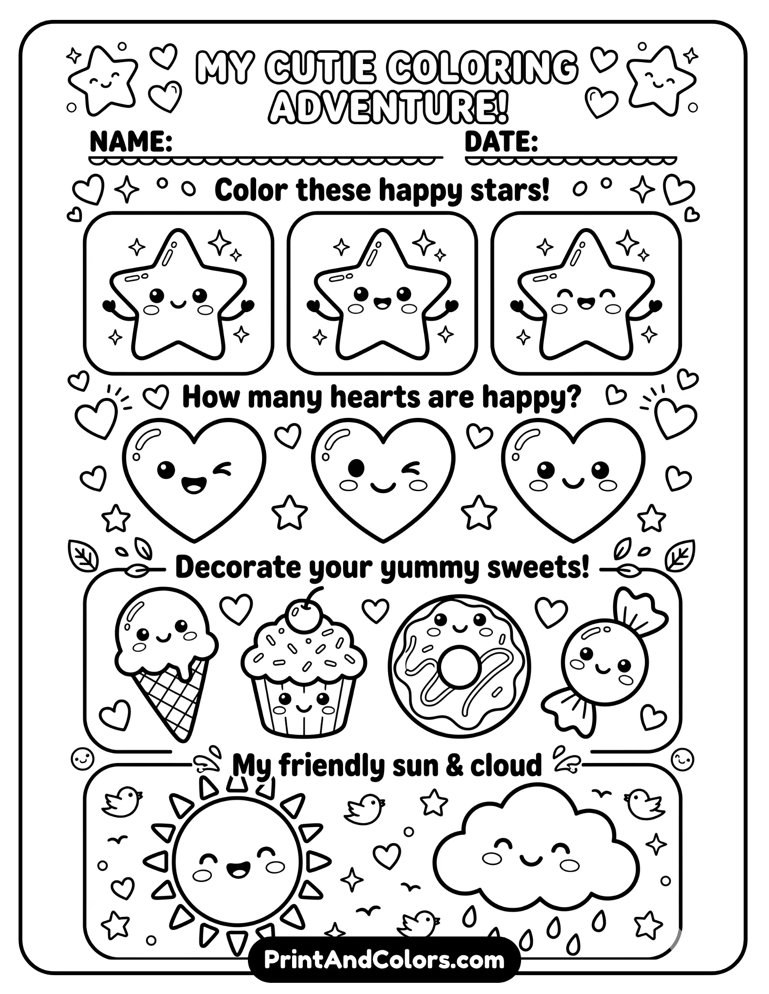 black-and-white cute-themed worksheet with kawaii-style icons, smiling faces, and rounded borders. Include simple prompts and large coloring spaces. Bold outlines, no shading.
