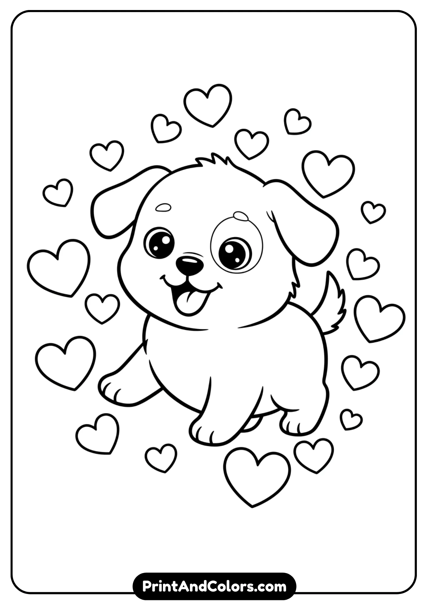 Black and white kawaii-style outline of a happy puppy surrounded by floating hearts. Cute design, simple outlines for kids’ coloring pages