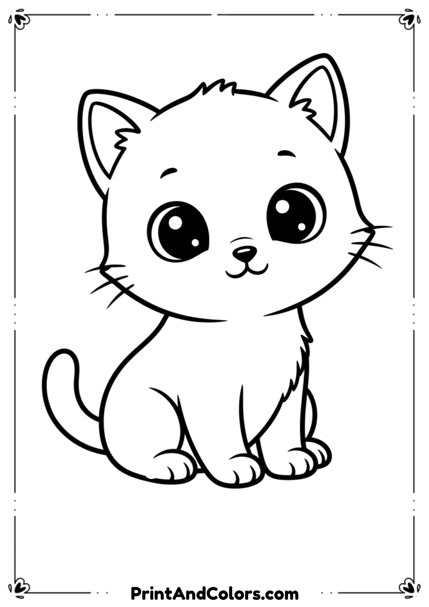 Small baby kitten with big round eyes sitting adorably, simple cartoon-style outlines for coloring.
