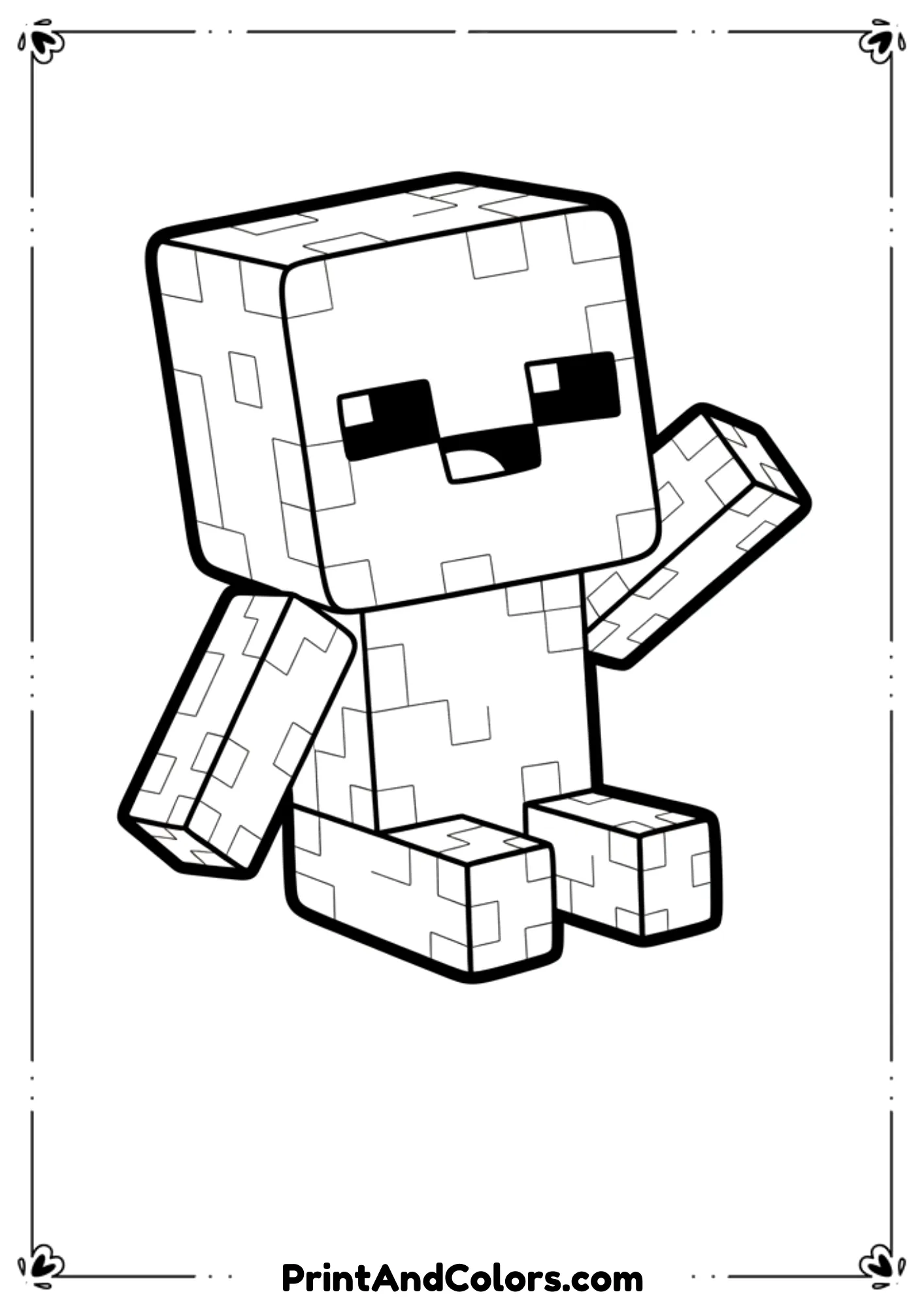  Black and white line drawing of a cute baby Minecraft zombie with small body and friendly face, playful pose, bold outlines, no shading, printable coloring page for kids.

