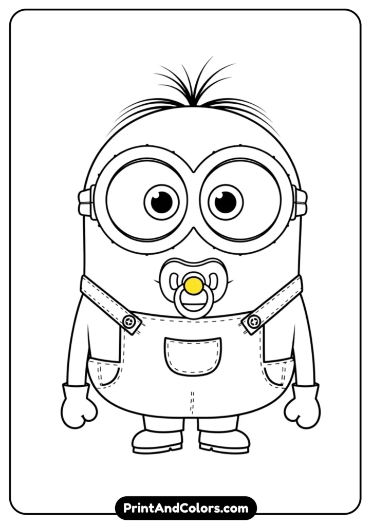 Baby Minion Bob with a pacifier and big eyes, adorable cartoon-style line drawing with simple outlines for kids.