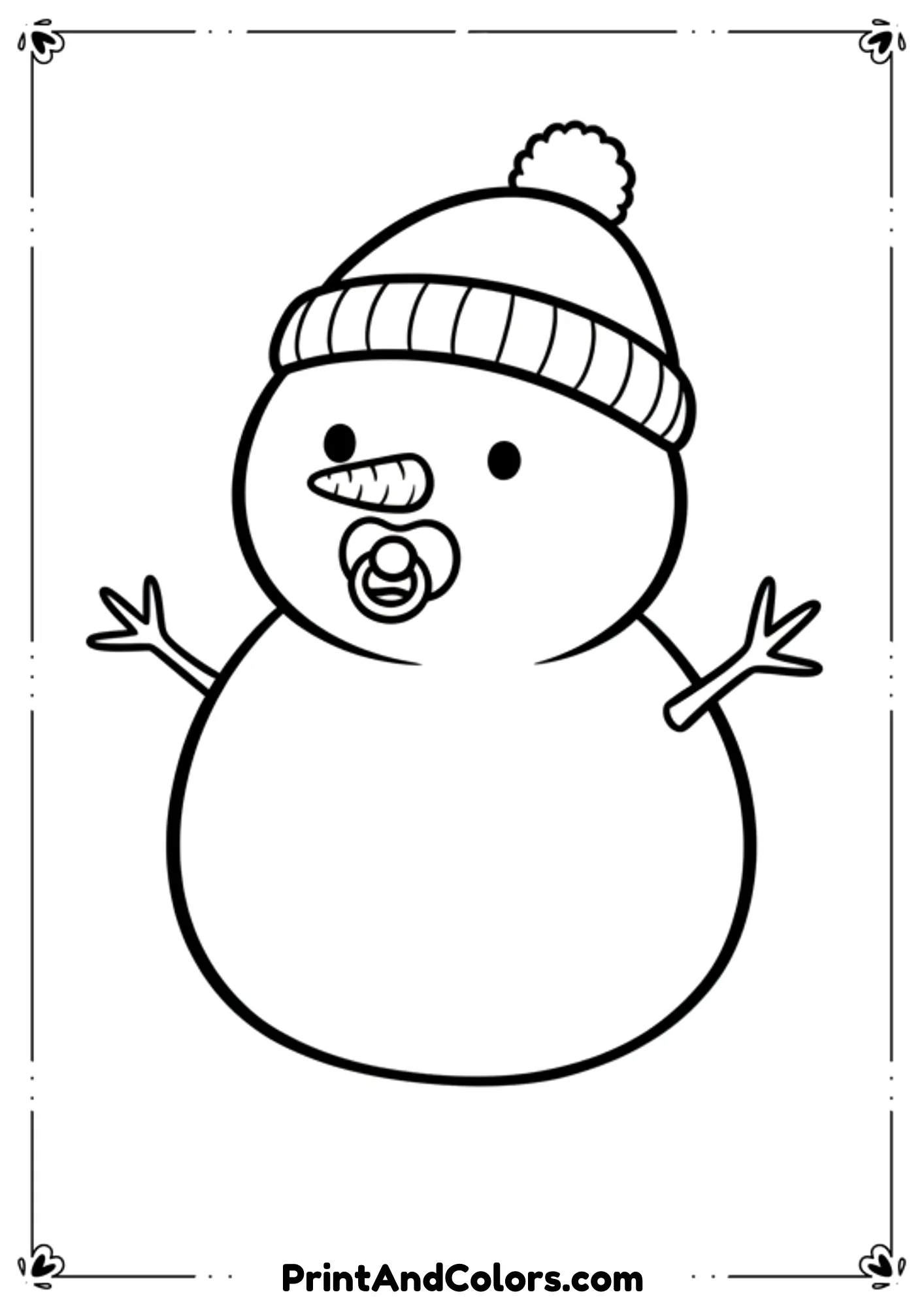 Baby snowman with tiny arms, round face, pacifier or cute expression, small winter hat. Simple and adorable style.
