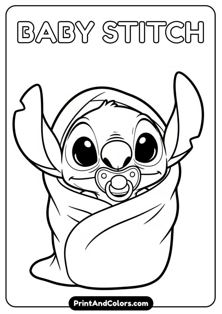 Baby Stitch wrapped in a blanket with wide eyes and a pacifier in cartoon style