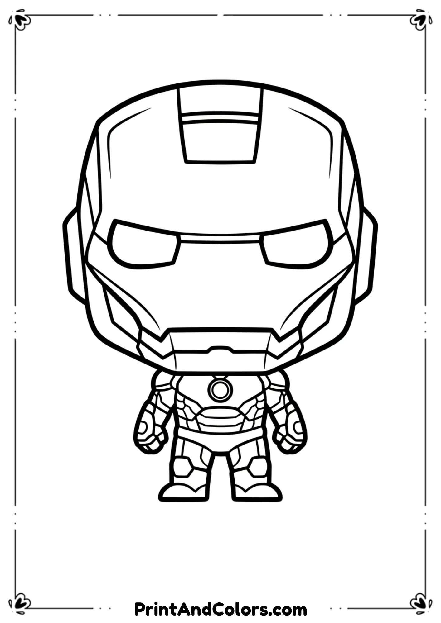 Super cute chibi-style Iron Man with oversized helmet and small body, simple outlines.
