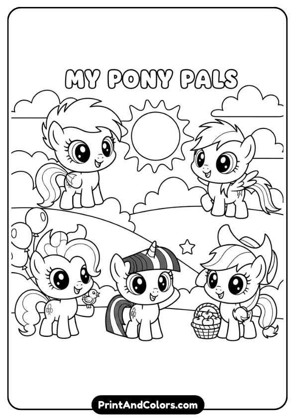 Design a chibi-style black and white coloring page of multiple My Little Pony friends with big heads, tiny bodies, smiling faces, and simple background. Thick lines, no shading, cute and kid-friendly.