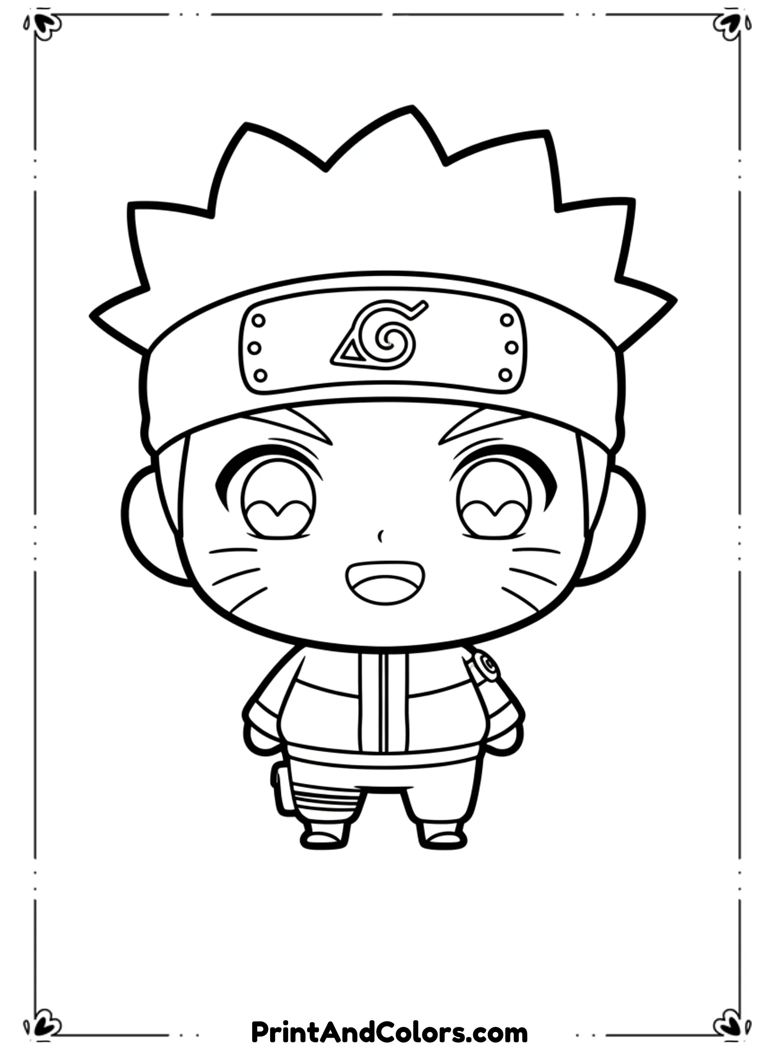  Create an adorable chibi-style Naruto with oversized head, small body, big eyes, and cheerful smile. Very simple lines, thick outlines, no background clutter, perfect for kids’ coloring pages.
