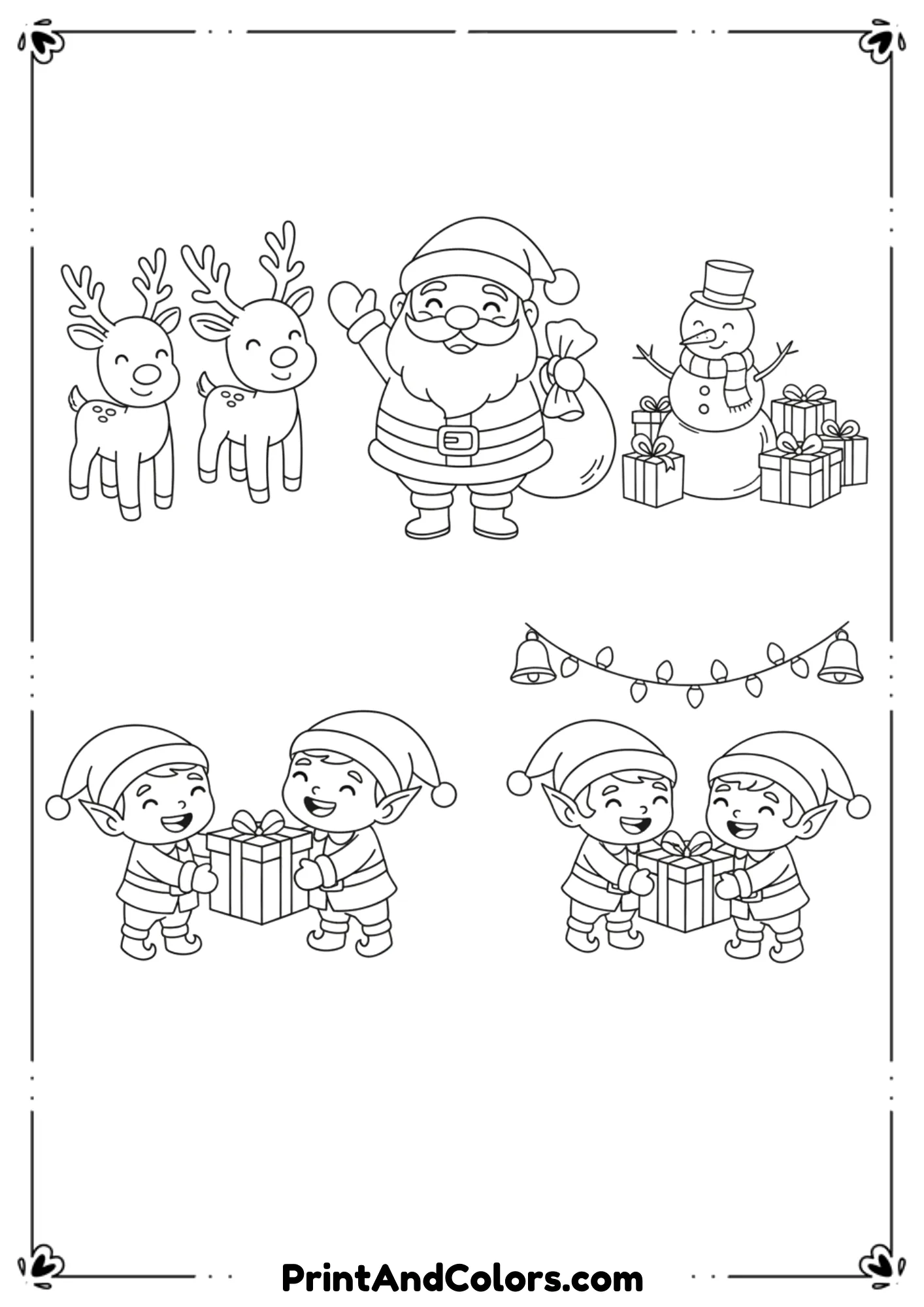 Black and white outline of cute Christmas characters like Santa, reindeer, snowman, and elves.
