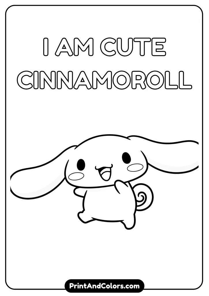 Very cute Cinnamoroll in a happy pose, cartoon style, black and white outline drawing, no colors, clean background