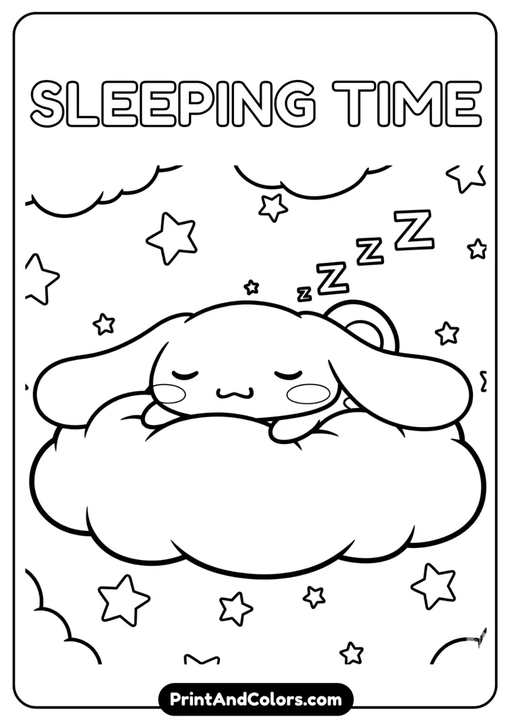 Cinnamoroll sleeping peacefully on a fluffy cloud, eyes closed, serene smile, cartoon outline in black and white, no colors, stars in background