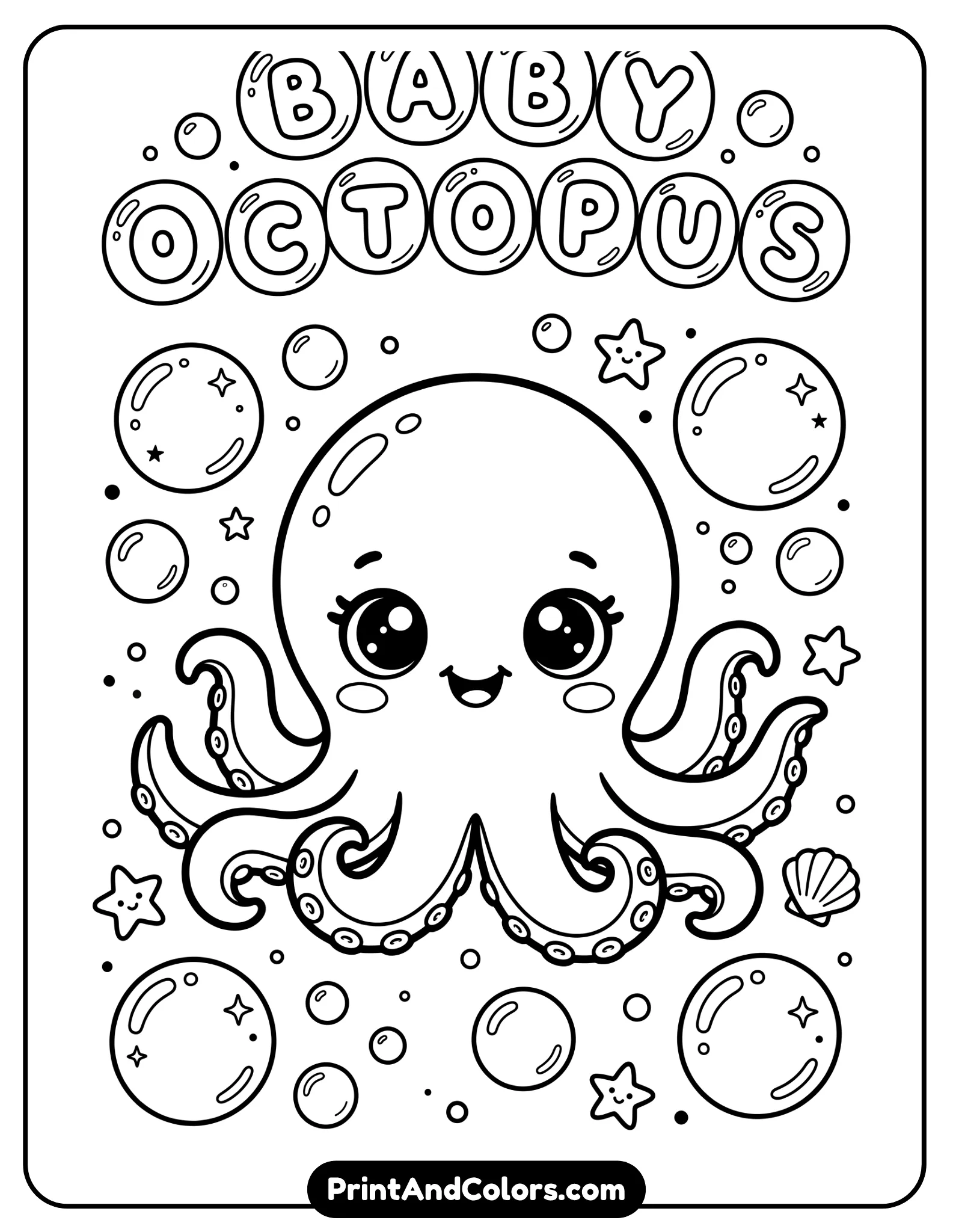 Cute black and white line art of a baby octopus with rounded shapes, big eyes, and small tentacles spread out, surrounded by bubbles. Soft, simple, adorable style