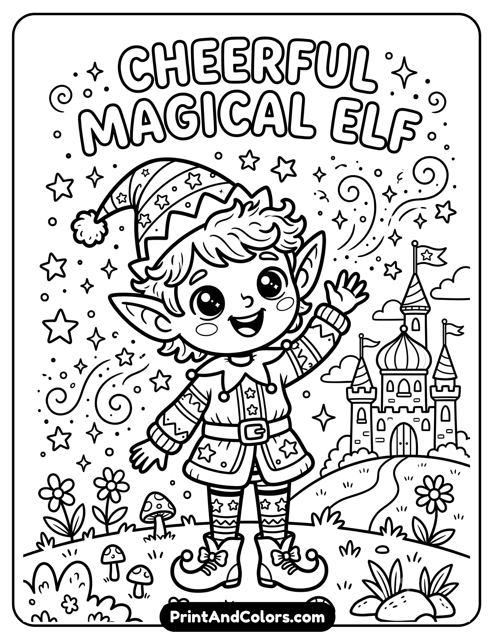 Adorable black and white coloring page of a cheerful magical elf with oversized ears and large sparkling eyes waving happily. Include stars, socks, magical sparkles, and simple fantasy castle decorations. Bold outlines and kid-friendly printable coloring style with playful cartoon details