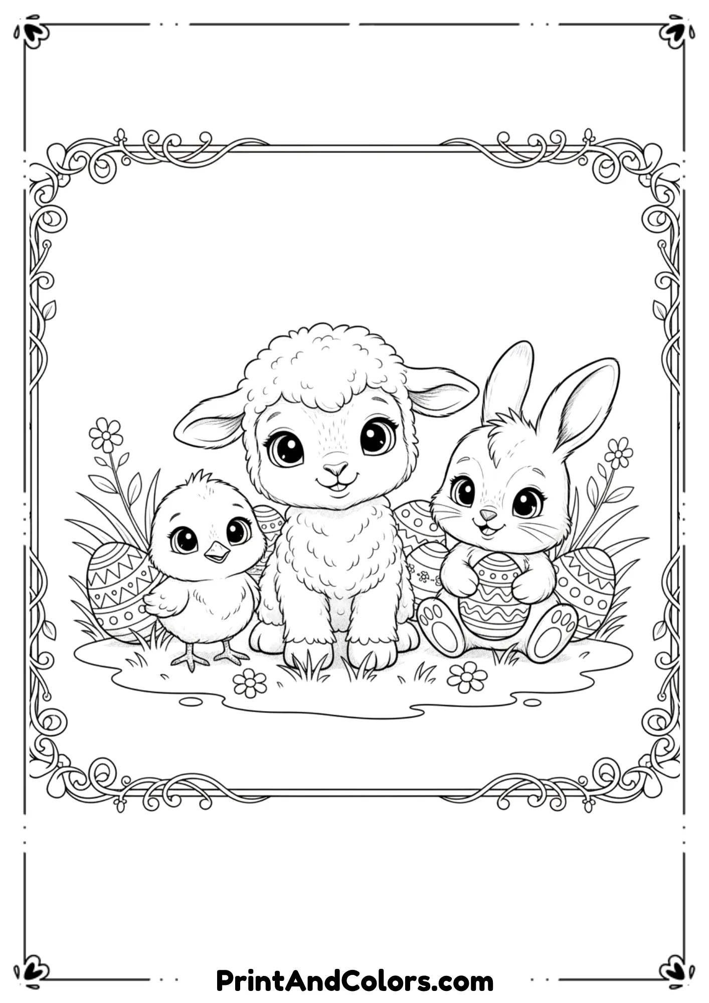 Line art of baby animals (bunny, chick, lamb) with Easter eggs and grass.
