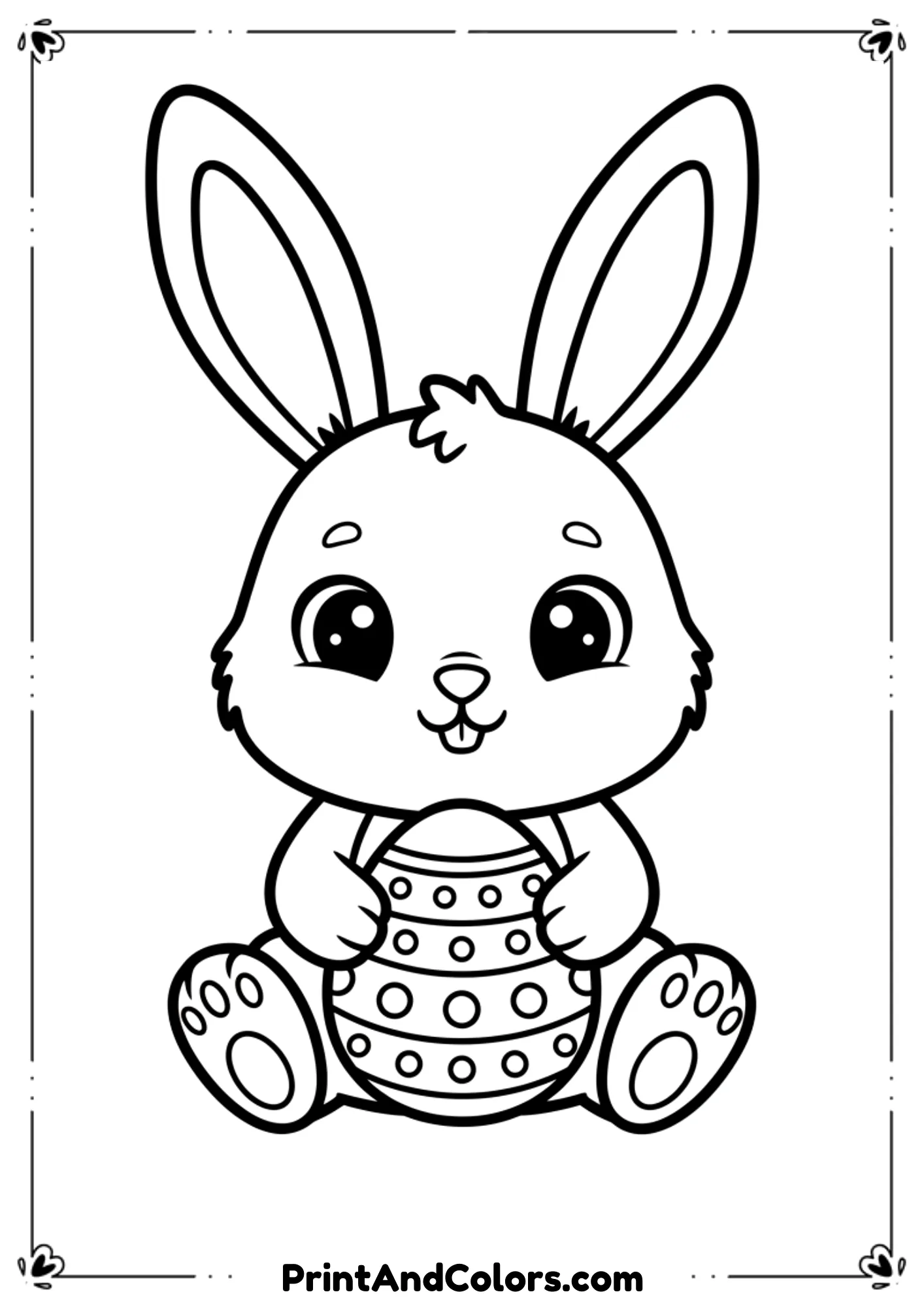 Black and white cute cartoon Easter bunny holding an egg, with big round eyes and fluffy ears, simple outlines for kids to color.