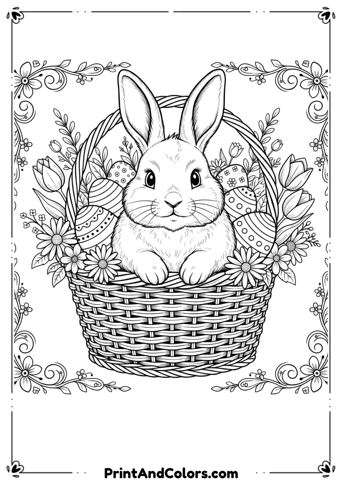  Black and white drawing of a fluffy Easter bunny sitting inside a basket full of eggs and flowers.
