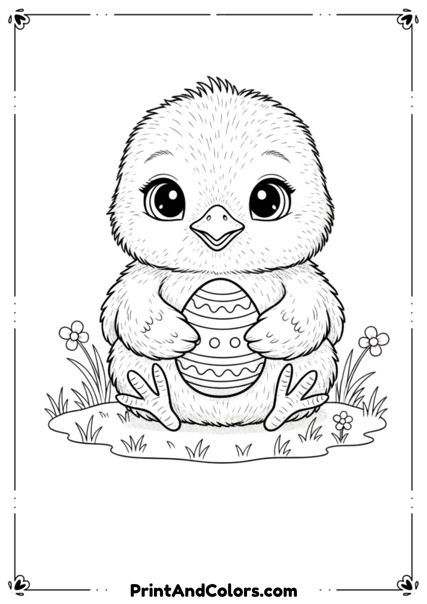 Black and white drawing of a fluffy baby chick holding a small Easter egg.
