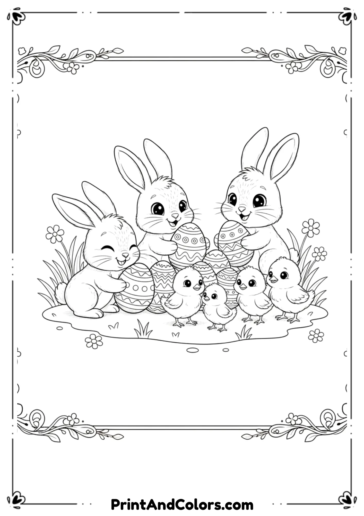  Line art of smiling bunnies, eggs, and chicks in a playful Easter scene.
