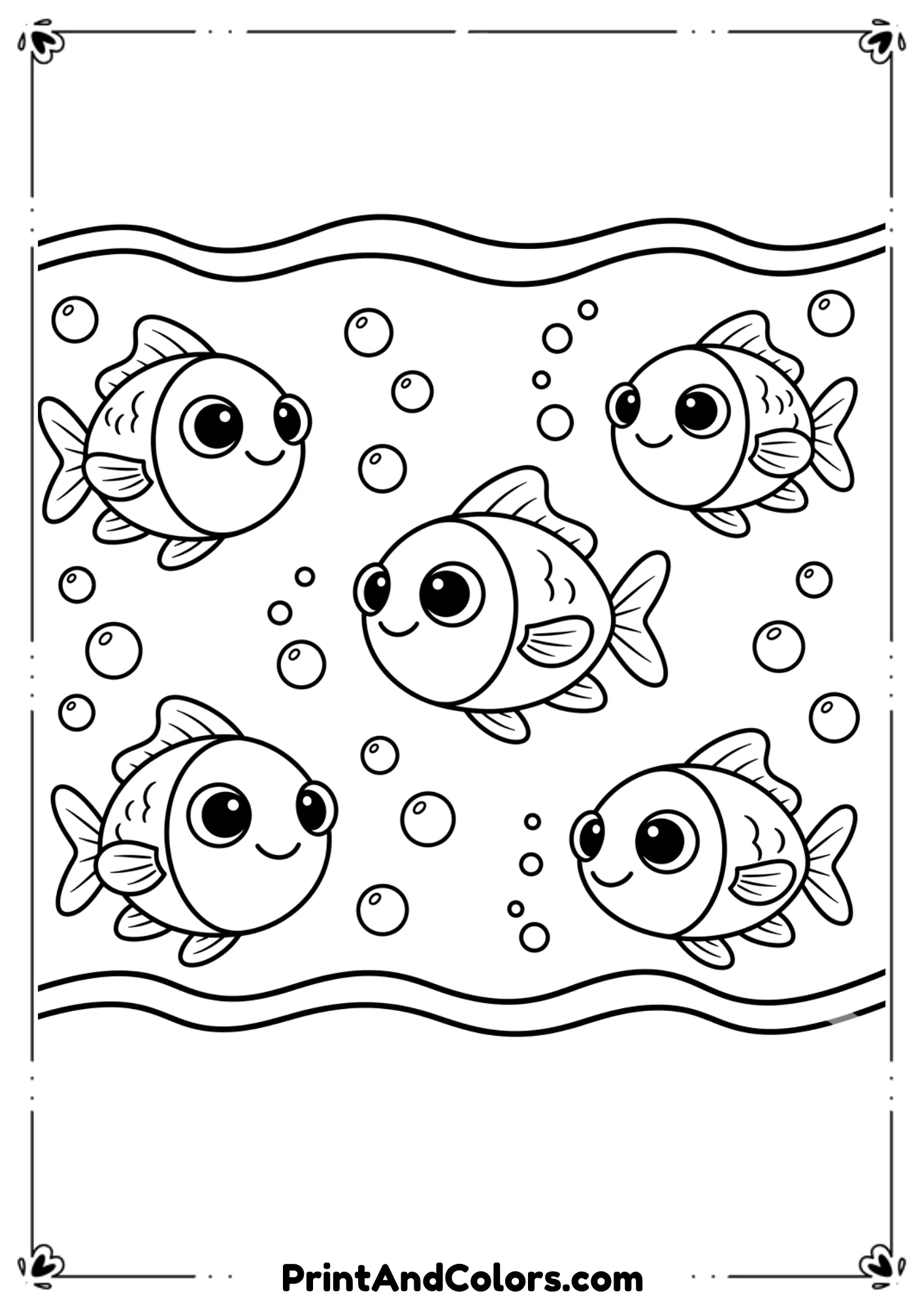 Create several adorable cartoon fish with round faces, big eyes, and simple smiling expressions. Add bubbles and wavy water lines. Thick outlines, very kid-friendly.