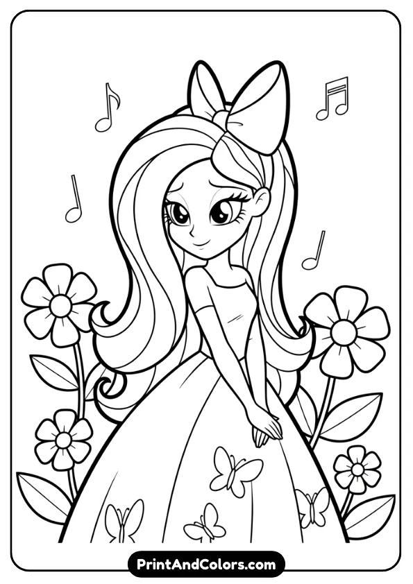 Create a black and white coloring page of Fluttershy in Equestria Girls style with shy smile and soft pose. Minimal background, thick outlines, printable for kids.