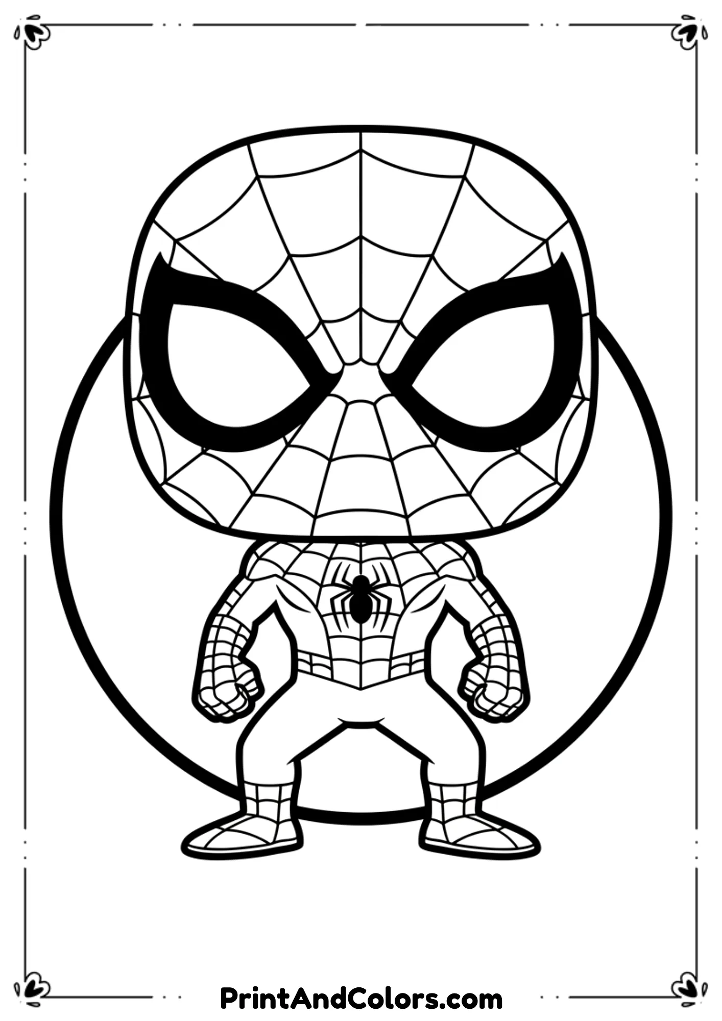 Funko Pop style Spider-Man standing with wide eyes, oversized head, simple outlines for kids.

