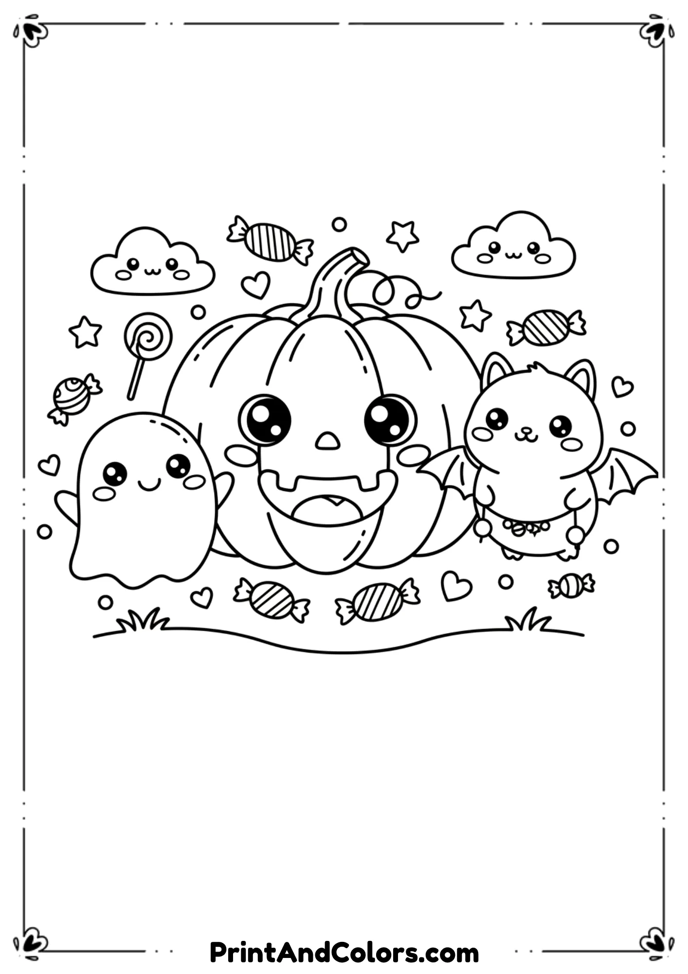 Kawaii-style Halloween line art with a smiling pumpkin, cute ghost, and happy bat with stars and candy, perfect for kids to color.
