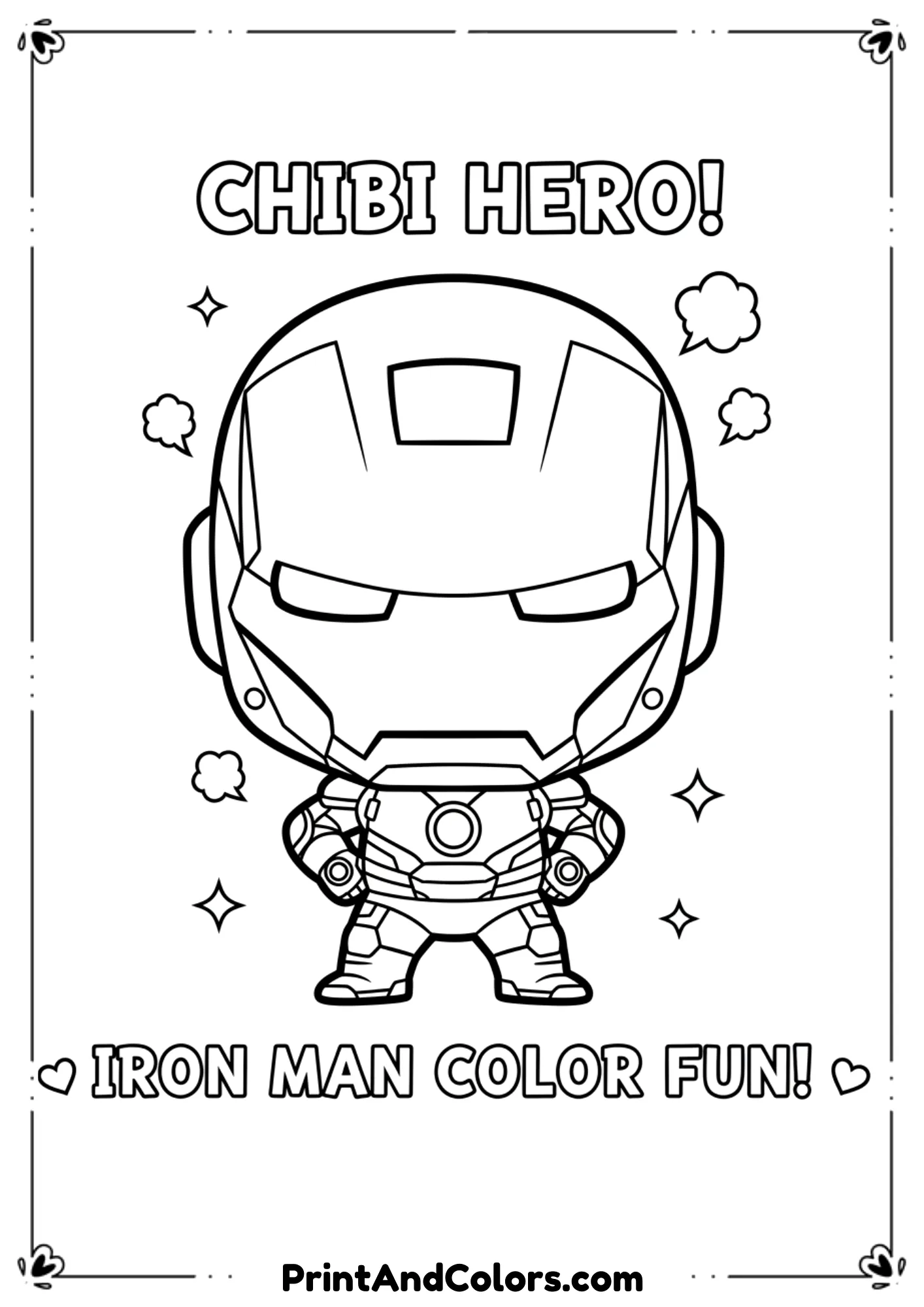Cartoon chibi-style Iron Man in line art, big head and small body for a cute effect.
