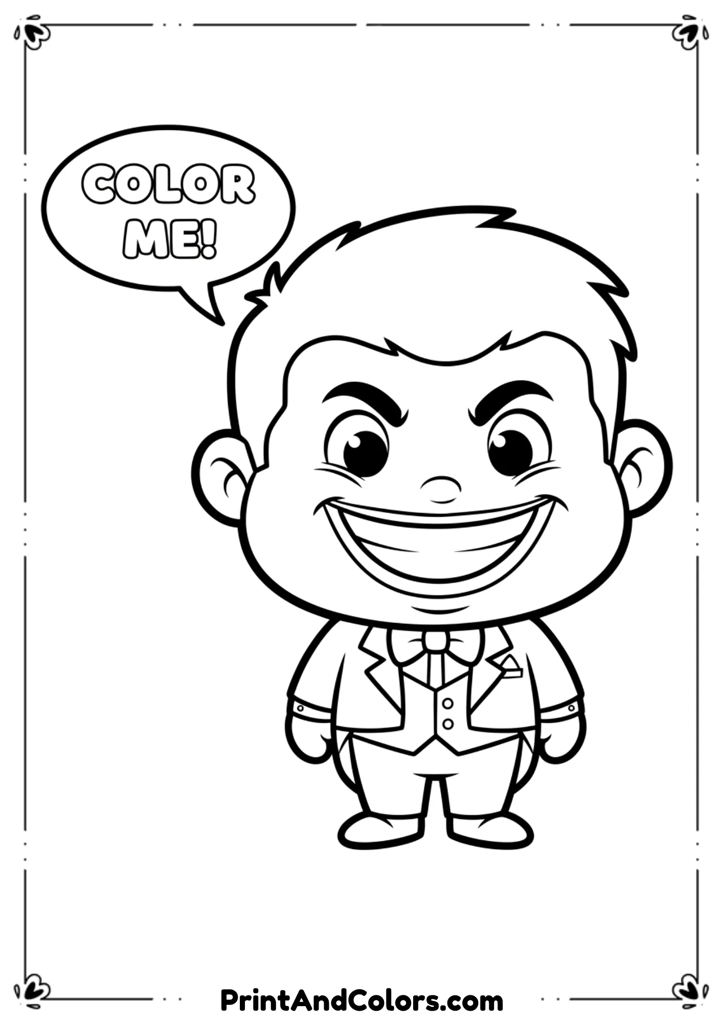  Adorable cartoon Joker with oversized head and friendly smile, simple outlines for easy coloring.
