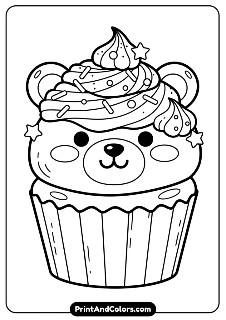 Black and white kawaii cupcake with a bear face, frosting swirls, sprinkles, and stars, outlined simply.