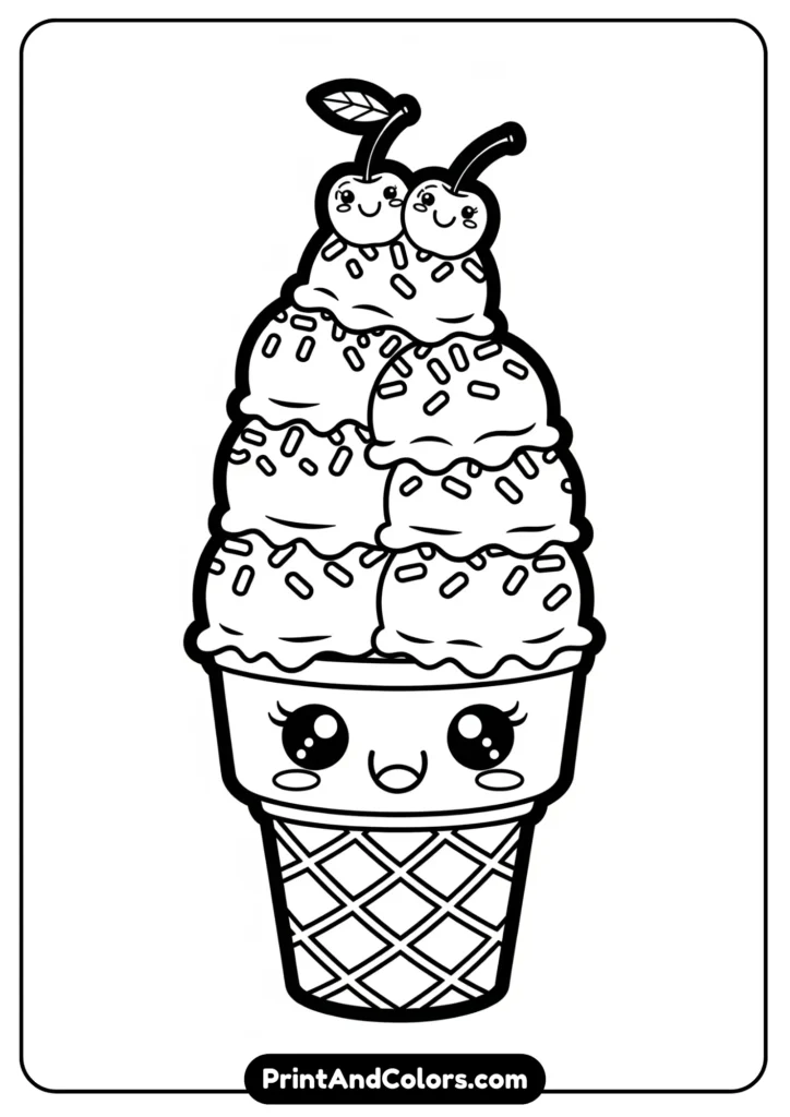 Black and white kawaii ice cream cone with big eyes and a happy smile, multiple scoops stacked with sprinkles and cherries, simple thick outlines