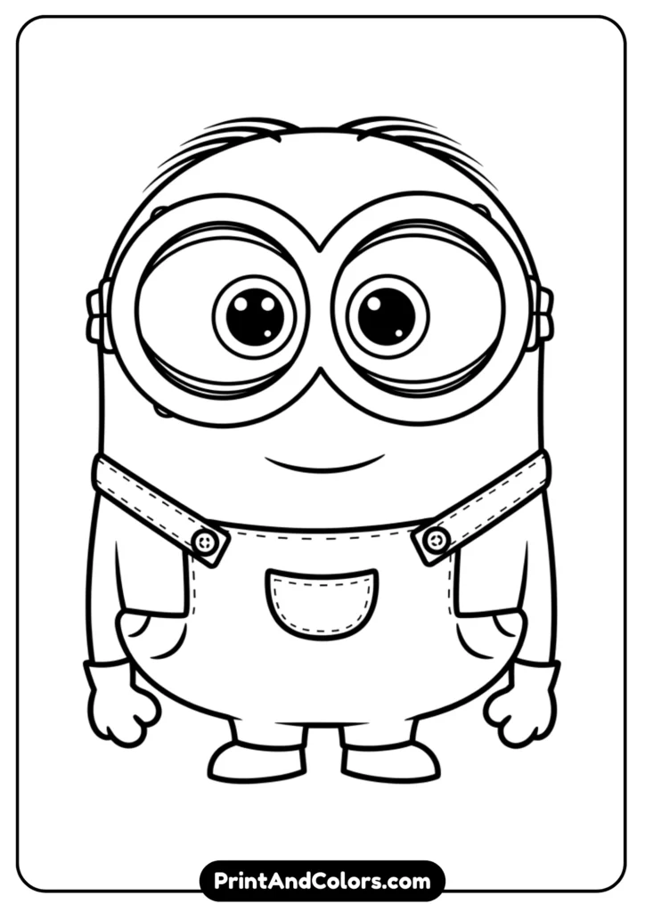 Kawaii-style Minion with oversized eyes, rounded body, cute expressions, outlined for coloring in simple line art.