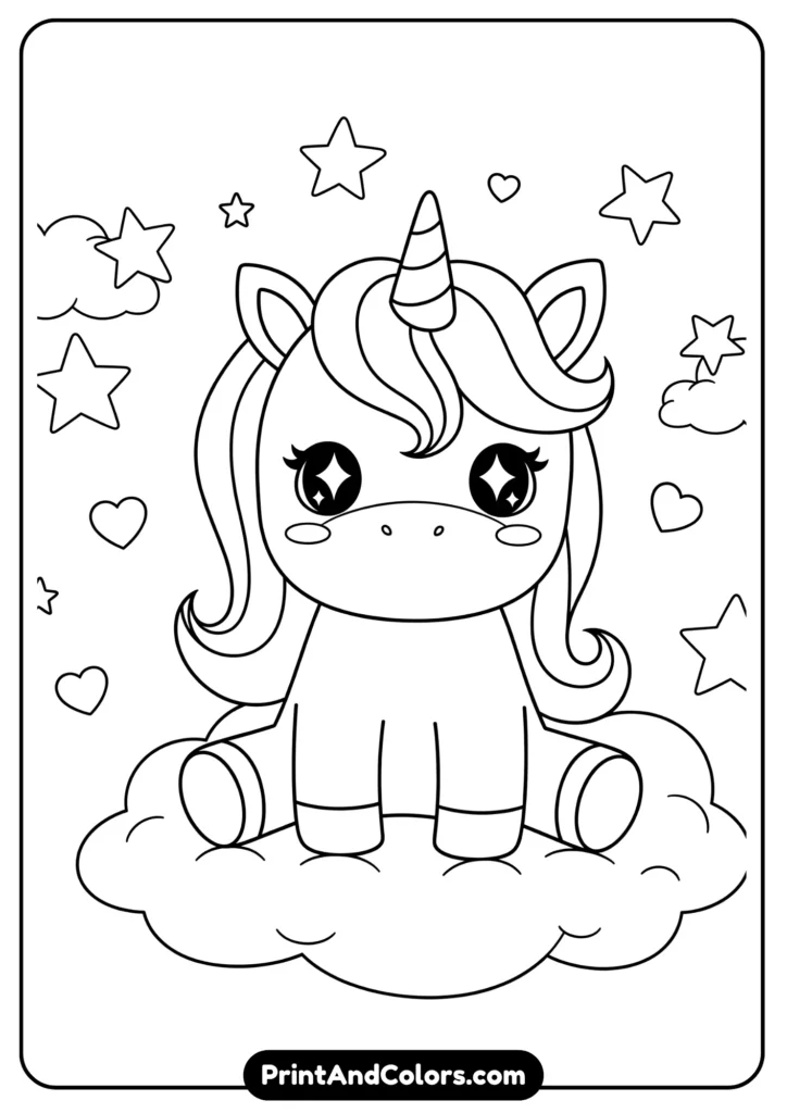 Black and white kawaii unicorn with rainbow mane, horn, and sparkling eyes, sitting on a cloud with stars around