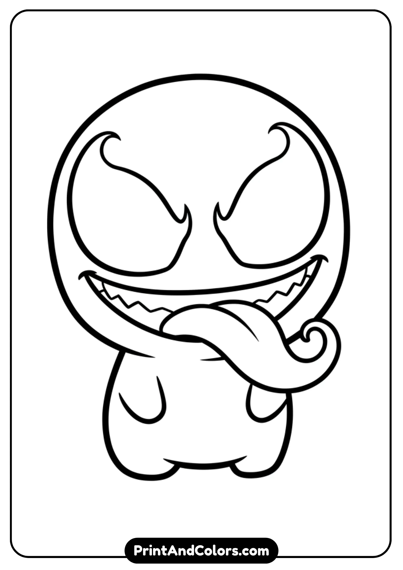 Kawaii-style Venom with big round eyes, tiny body, exaggerated smile, and playful tongue. Simple cute cartoon outlines.