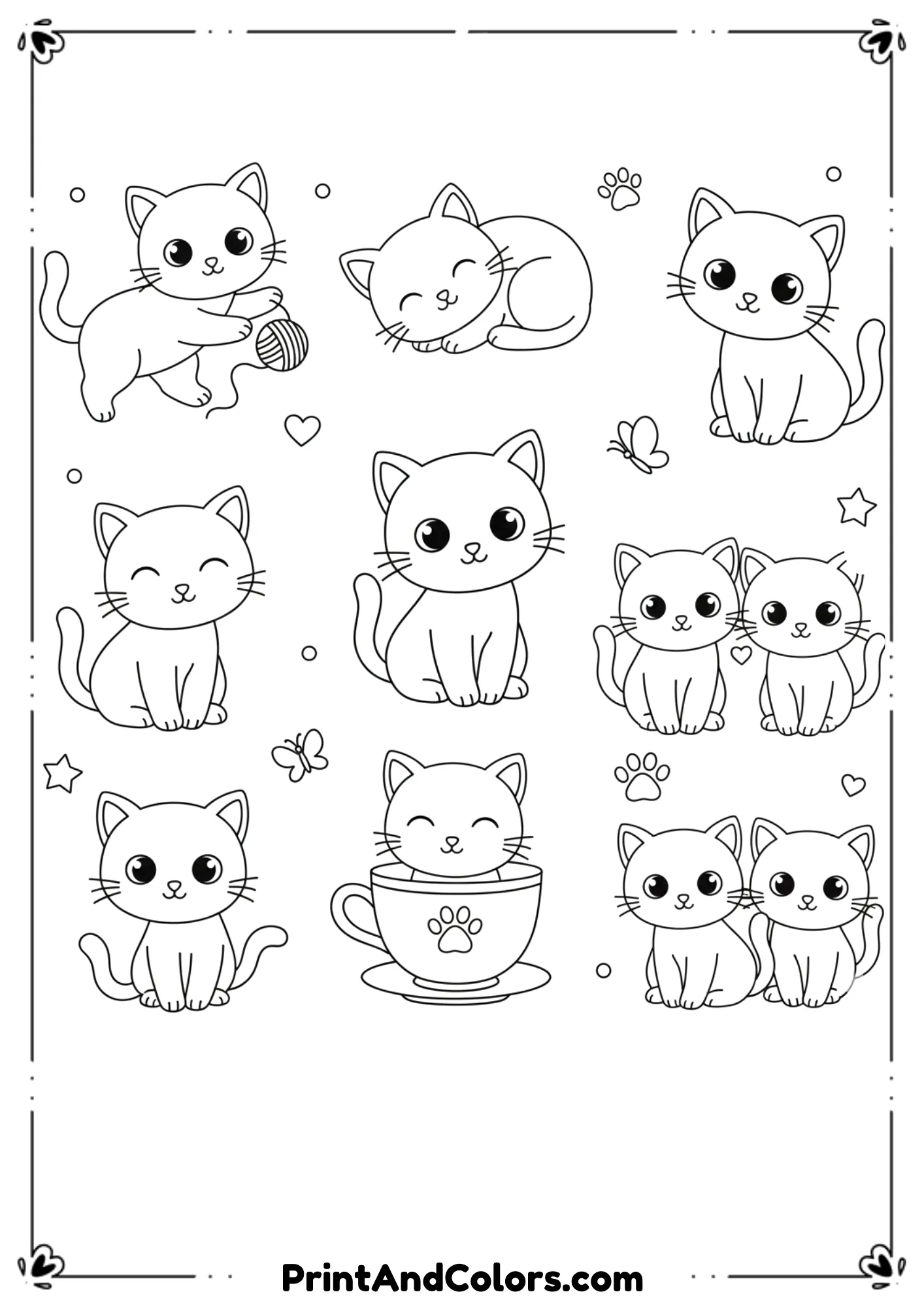 Multiple adorable kittens in different poses—playing, sleeping, and smiling—black-and-white simple outlines.
