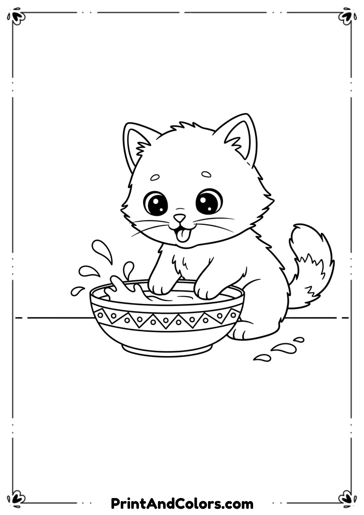 Sweet kitten drinking milk from a bowl, milk drops around, simple outlines for kids’ coloring.