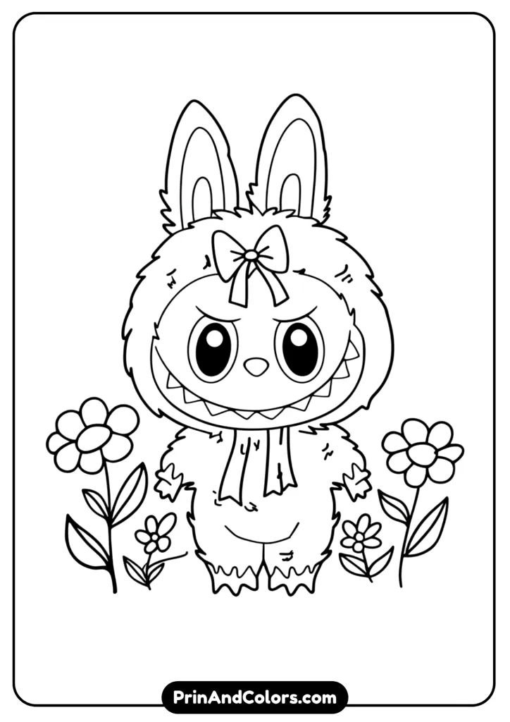 Adorable black and white chibi-style Labubu smiling with big eyes, heart symbols around.