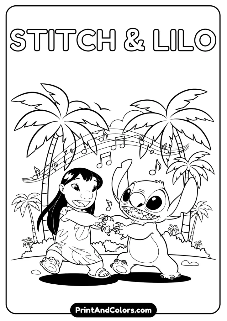 Lilo and Stitch dancing together with musical notes and palm trees
