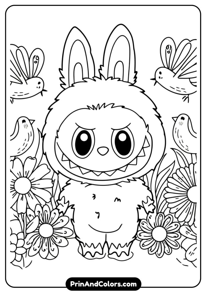 Black and white art of giant (mega) Labubu surrounded by trees, butterflies, and flowers.