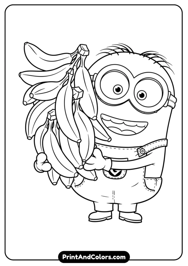Minion Bob happily holding a bunch of bananas, playful cartoon outline in black and white for coloring