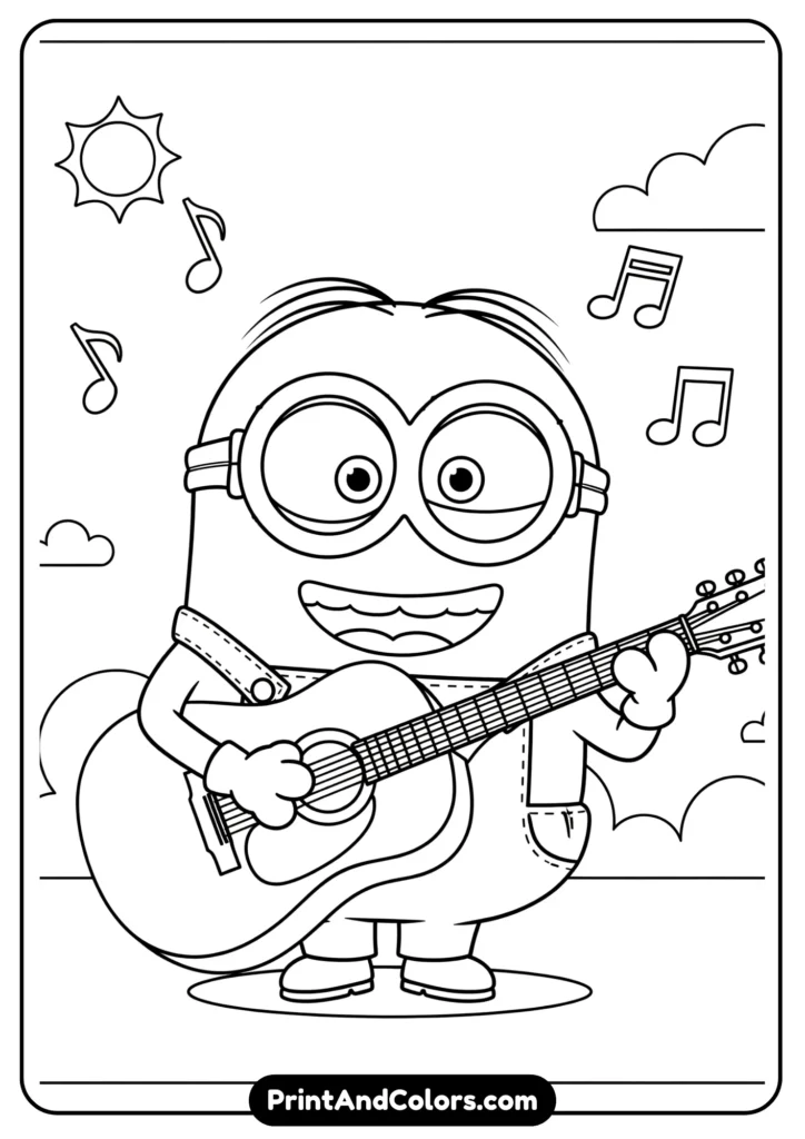 Minion happily playing a guitar, cartoon-style black-and-white line art