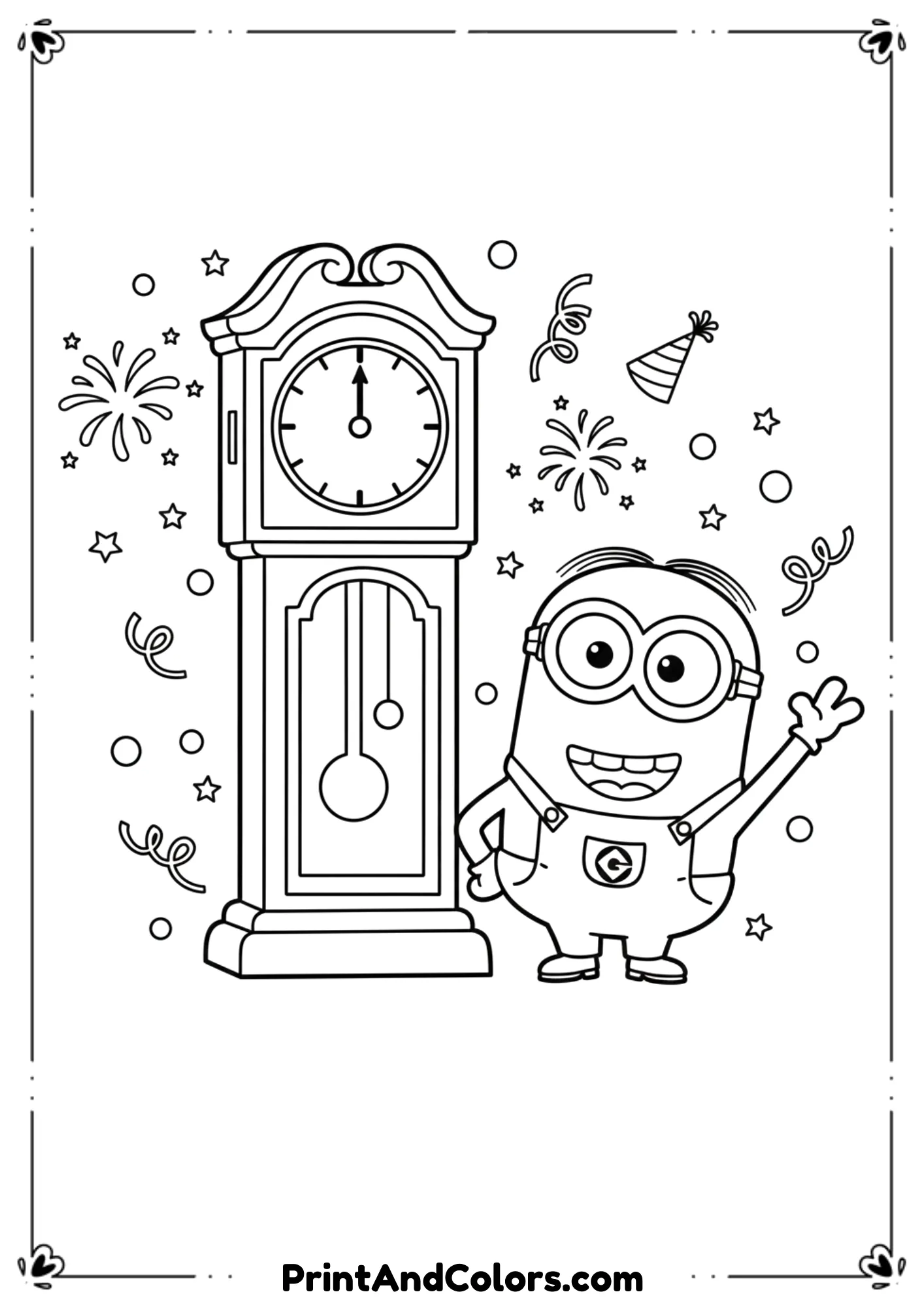 
 A cute cartoon-style black and white line drawing of a Minion character waving happily next to a large clock showing midnight. Add small fireworks, confetti, and party decorations. Use bold outlines, minimal background details, and a fun kid-friendly coloring page style.