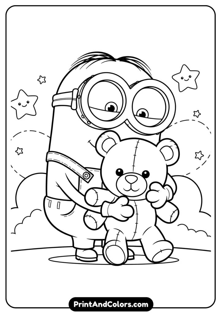 Minion hugging a teddy bear, cartoon-style black-and-white outline for coloring